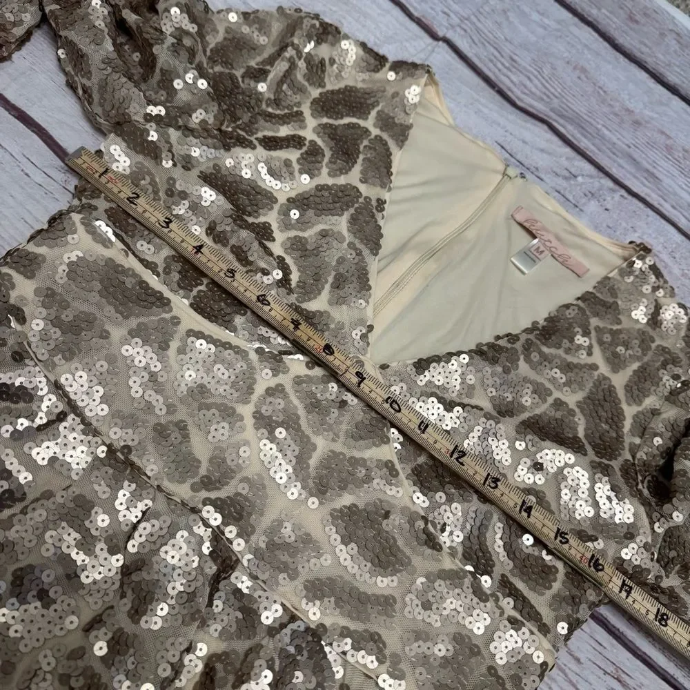Anthropologie Hutch Champagne Gold Sequin Puff Sleeve Peplum Blouse Size M